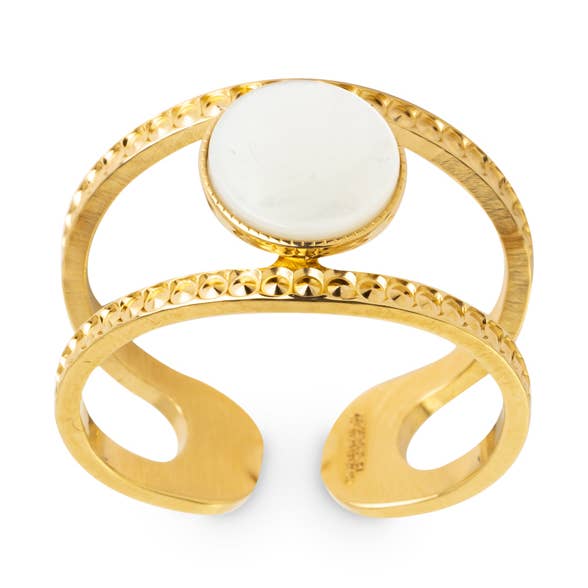 Mother-of-pearl or labradorite hallmark double ring - 18K gold for wholesale by Bijoux Fabrication Française