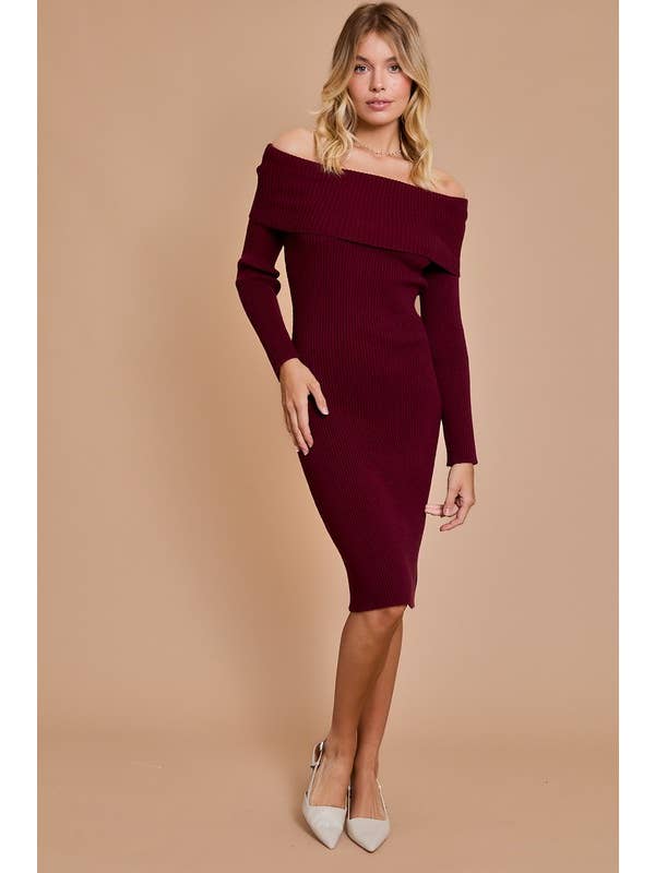 Wine Off Shoulder Rib Knit Bodycon Dress for wholesale on Faire