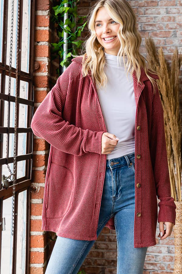 7th Ray – Großhandel Hemdjacke/Shacket – Damen – Solide Rippe Knopfleiste Seitentaschen Langarm Shacket T52565