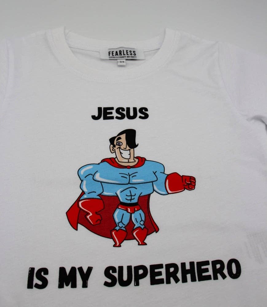 Fearless - Clothed in strenght and dignity - Wholesale Screen Printed T-Shirt - Kids - Jesus Is My Superhero T-Shirt White3