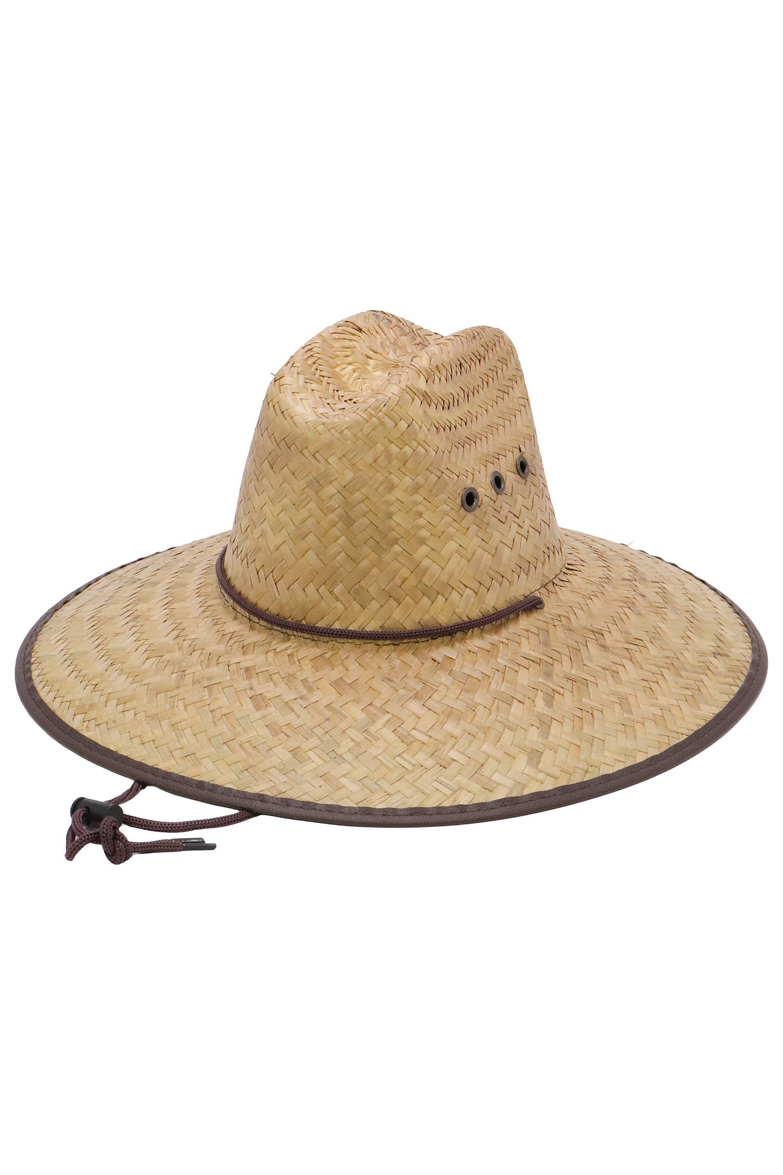 NATURAL BROWN Kids Eyeleted Vegan Leather Trim Straw Lifeguard Hat for wholesale on Faire1