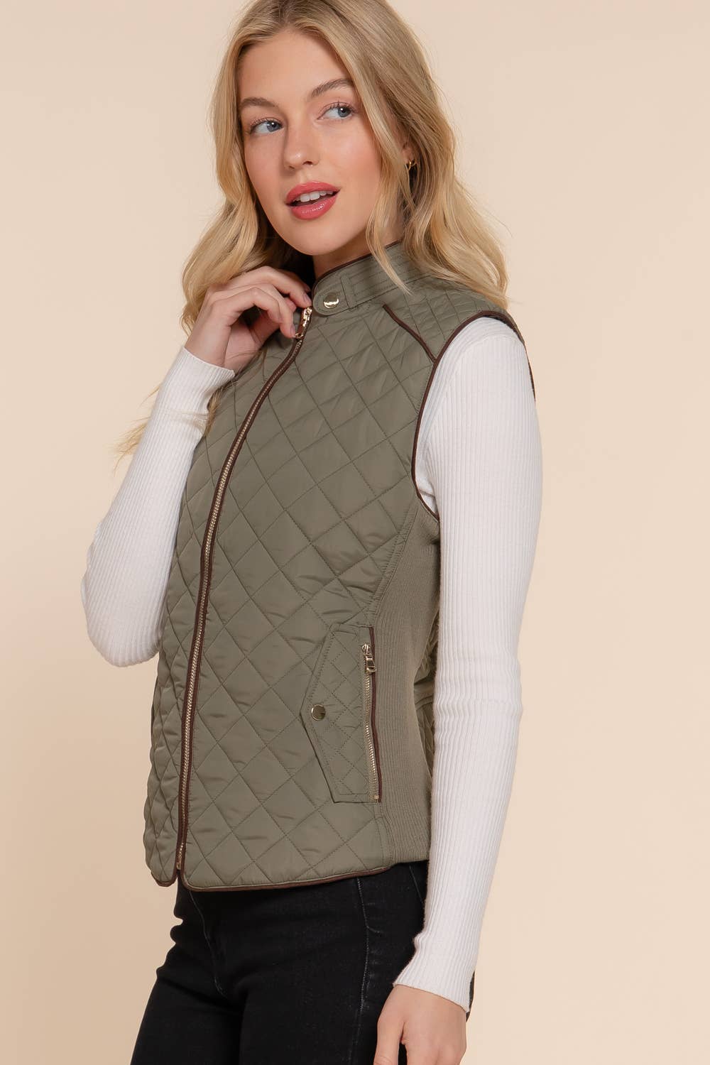 Active Basic | Active USA - Wholesale Outerwear Vest - Women's - Suede Piping Detail Rib Quilted Padding Vest46