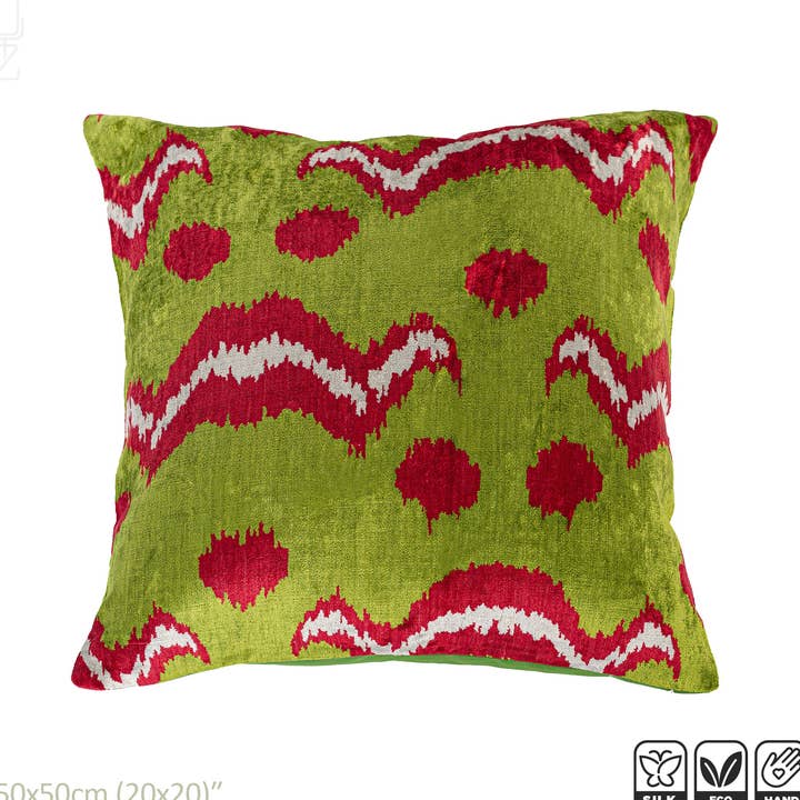 Traditionele zijden Ikat fluwelen kussenhoes met groen en rood voor wholesale door OyzShop