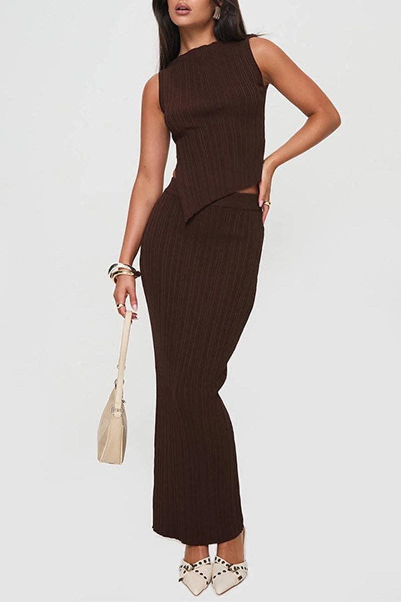 Mccolin - Wholesale Top & Skirt Set - Women's - Asymmetrical Knit Top with Fitted Skirt Set0