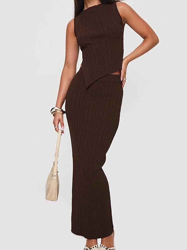 Mccolin - Wholesale Top & Skirt Set - Women's - Asymmetrical Knit Top with Fitted Skirt Set