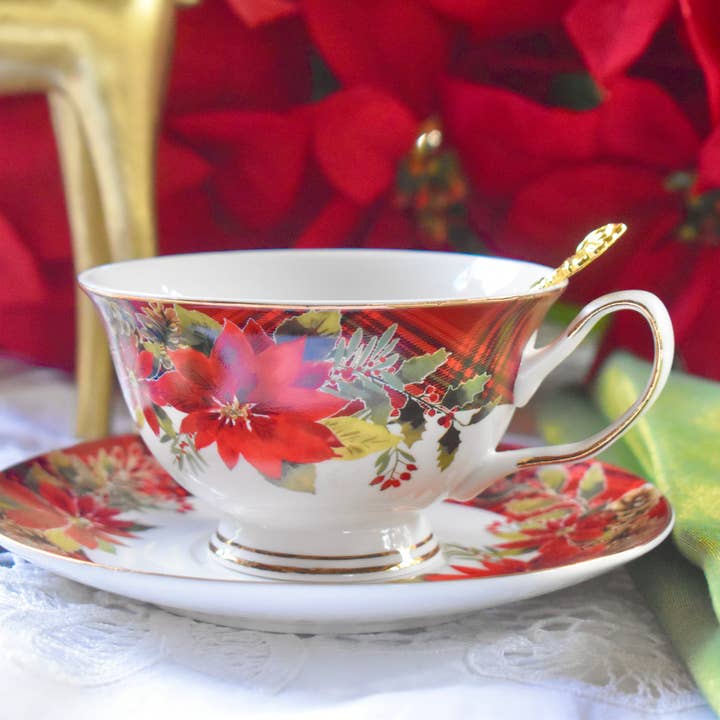 All Little Cute Things - Wholesale Tea Set - Christmas Holiday Red Poinsettia Plaid Ribbon Teacup Saucer2