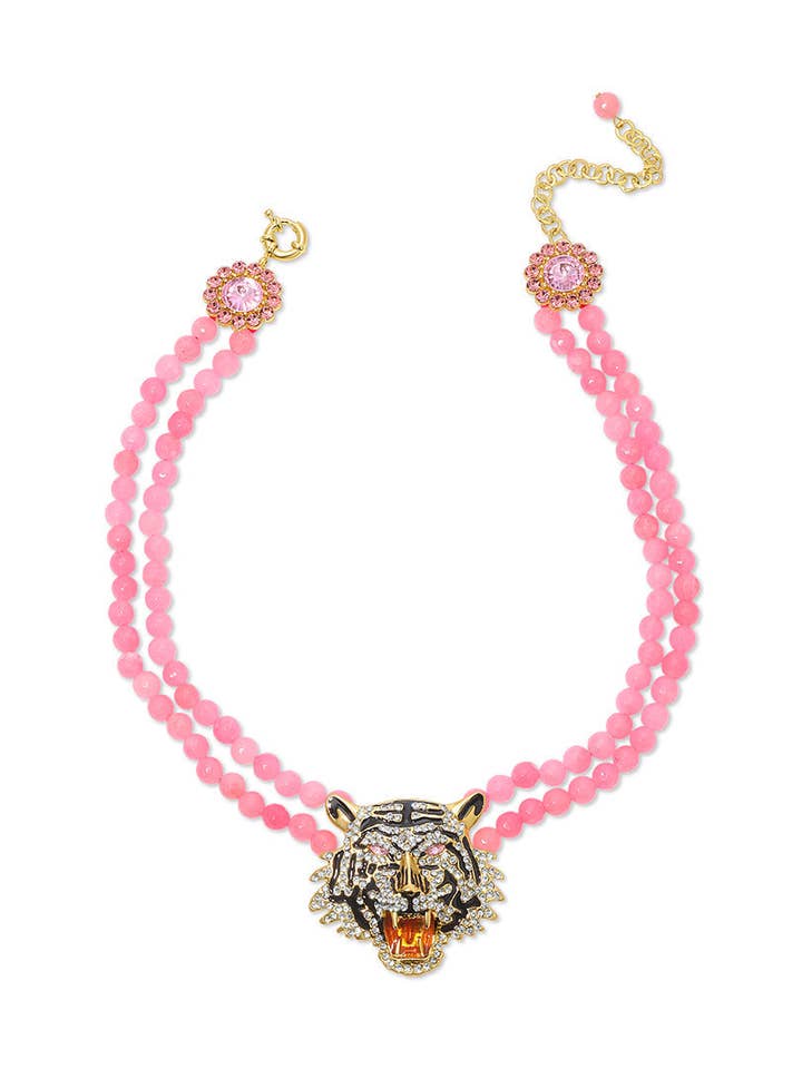 Tiger Rose Quartz Beaded Statement Drop Necklace for wholesale by Eye Candy Los Angeles