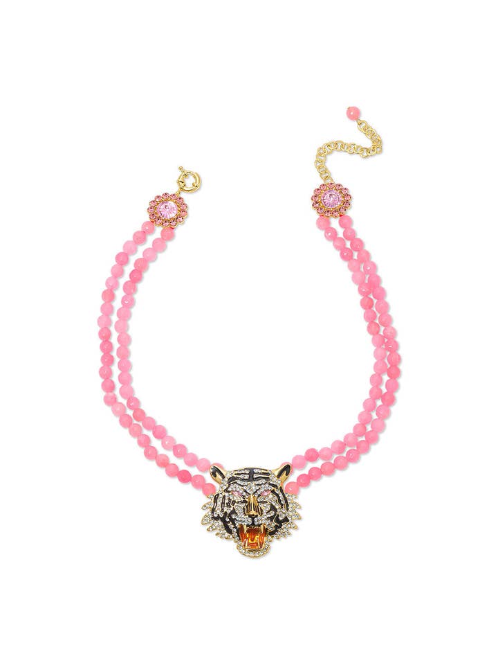 Tiger Rose Quartz Beaded Statement Drop Necklace for wholesale by Eye Candy Los Angeles