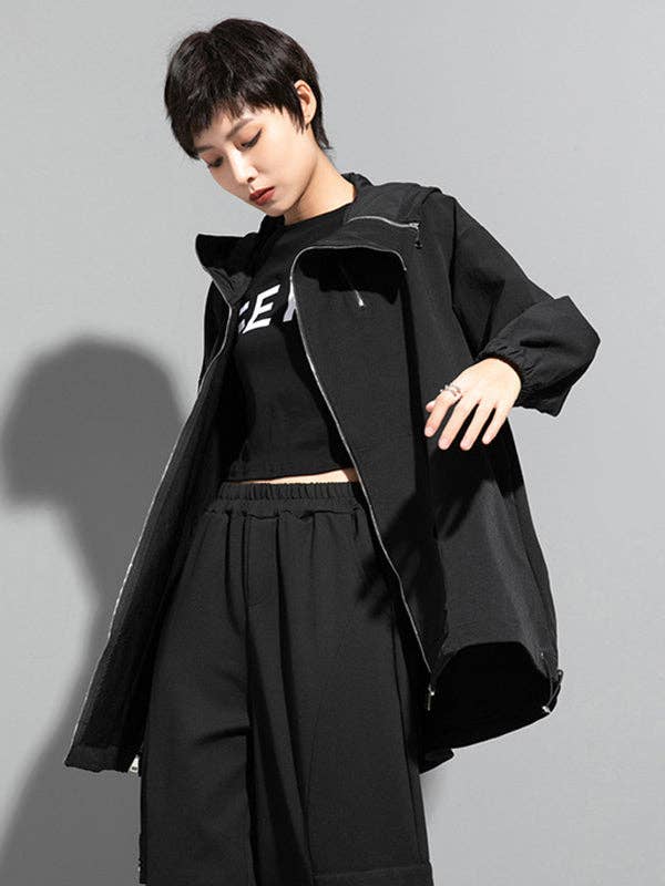 BLACK Fashion Irregularity Loose Solid Color Zipper Hooded Outerwear for wholesale on Faire6