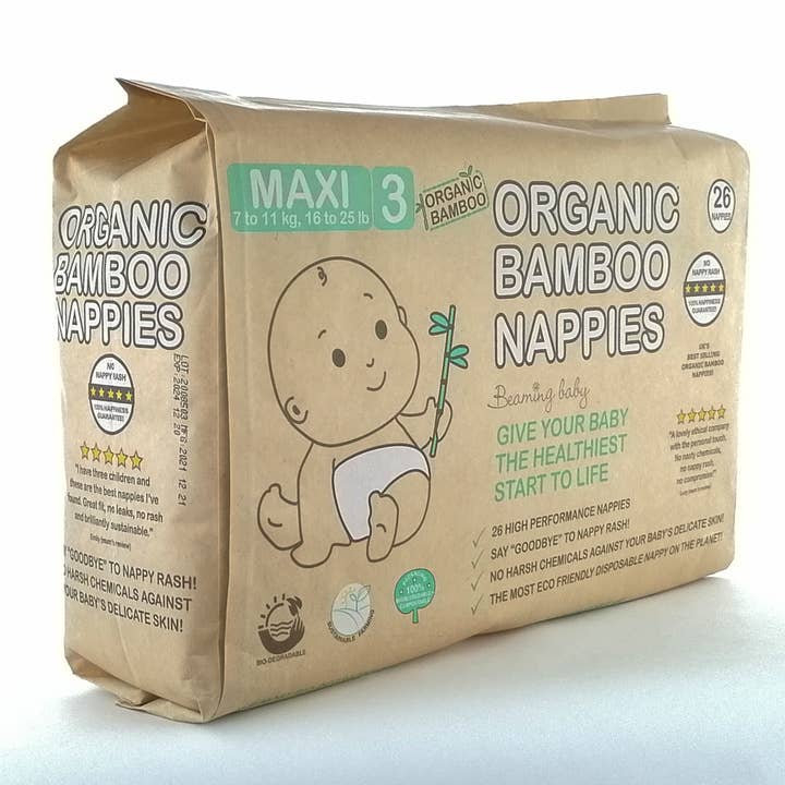 Maxi pannolini in bambù biologico - 7-11 kg, 26 pezzi/borsa (misura 3) per la vendita all'ingrosso da parte di Beaming Baby