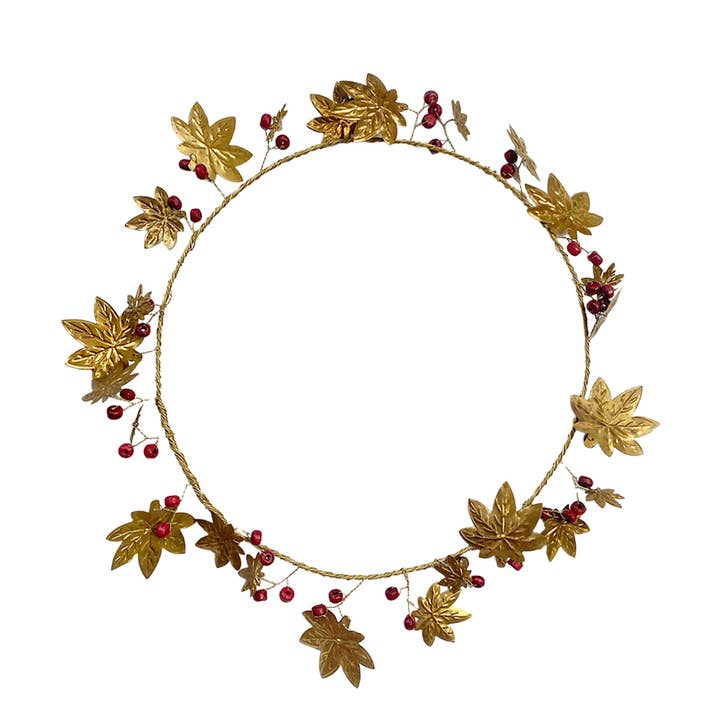 Brass crown with maple leaves + red wooden beads for wholesale by Maison Lilo