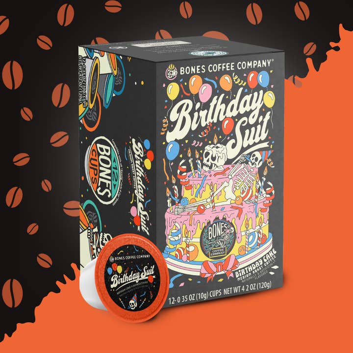 Bones Coffee Company - Wholesale Coffee Pods - Birthday Suit Coffee Pods | 12 Count | Flavored Coffee