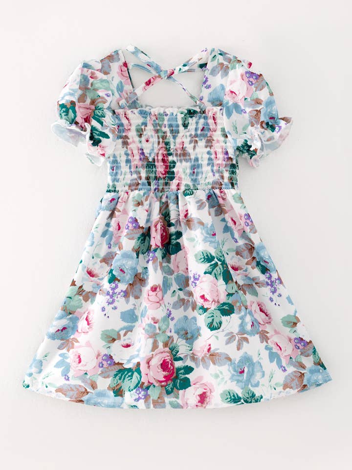 Rylee Faith Designs - Wholesale Dress - Kids - Smocking Simple Floral Print Short Sleeve dress