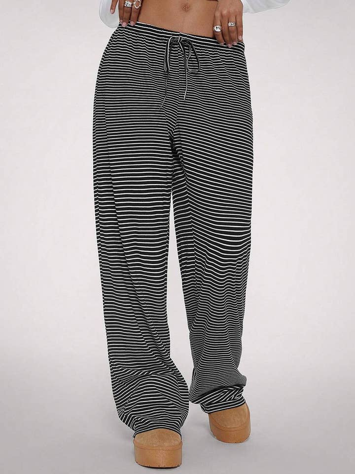 HIDDENBRAND - Wholesale Pants - Women's - Casual drawstring striped print wide-leg lounge pants7