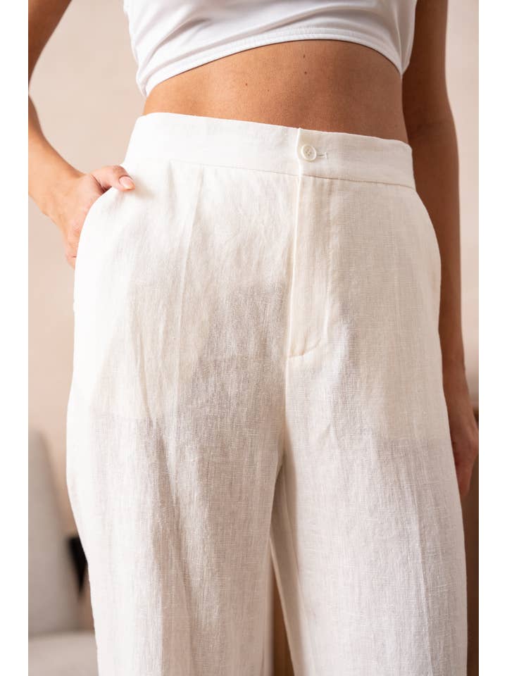 Attentif Paris - Venta al por mayor Pantalones - Mujer - Pantalón recto liso de lino de calidad superior8