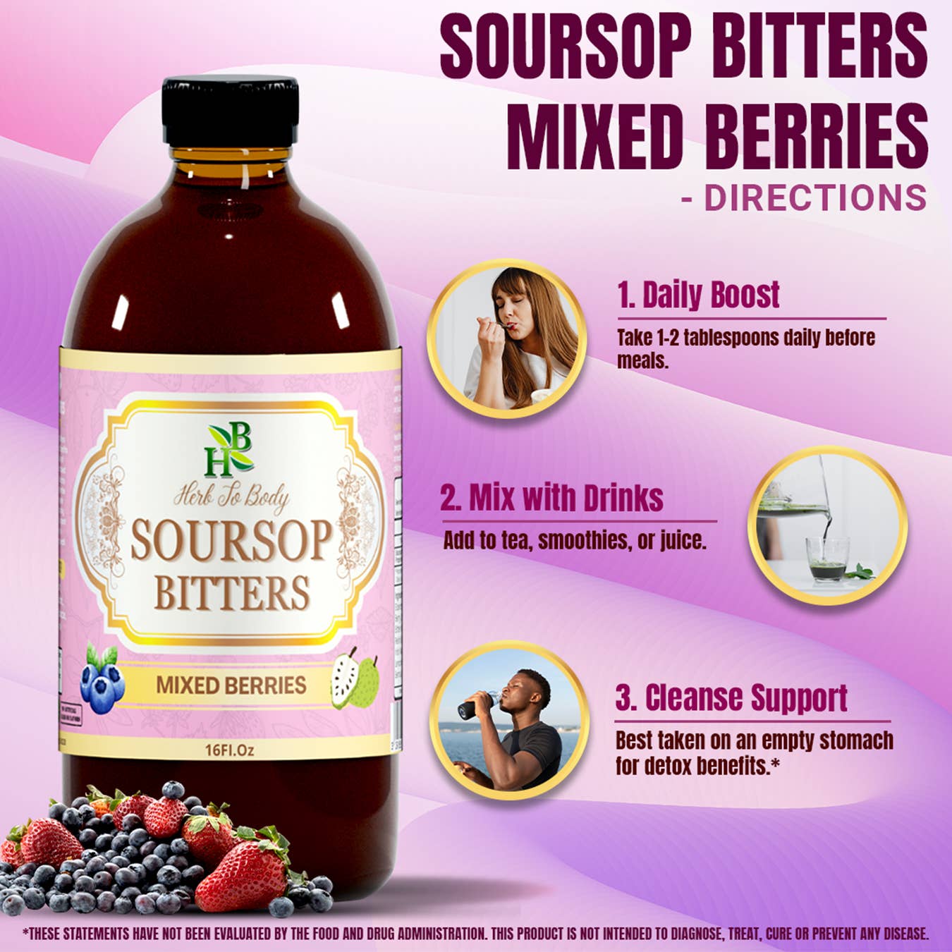 Herb To Body - Wholesale Oral Supplement/Vitamin - Soursop Bitters Mixed Berries 16oz | Immune & Gut Support 8