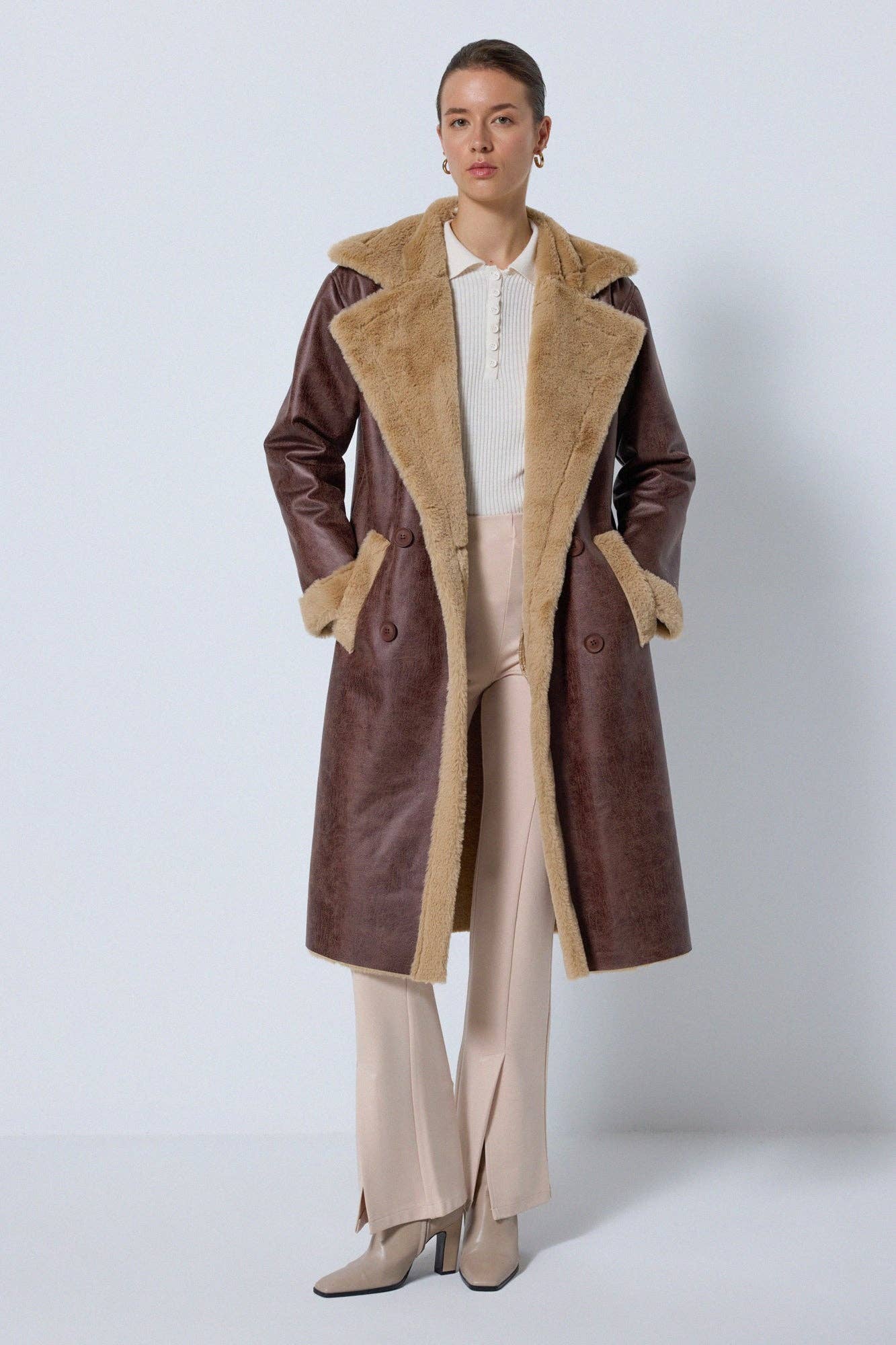 Brown FAUX LEATHER LONG COAT for wholesale on Faire0