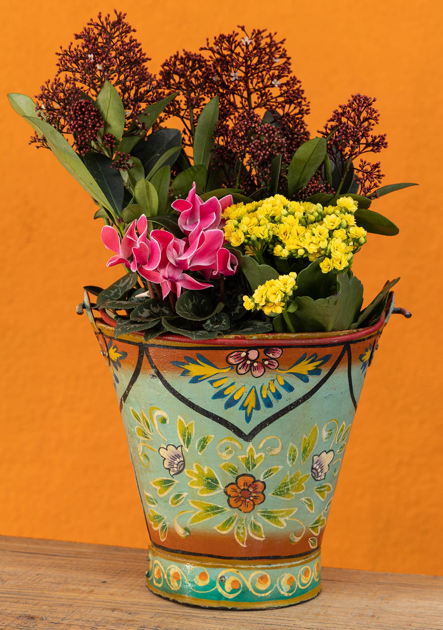 Namaste - Wholesale Bucket/pail - Vintage Iron Handpainted Bucket, Turquoise
