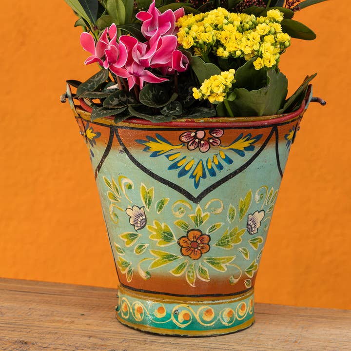 Namaste - Wholesale Bucket/pail - Vintage Iron Handpainted Bucket, Turquoise0