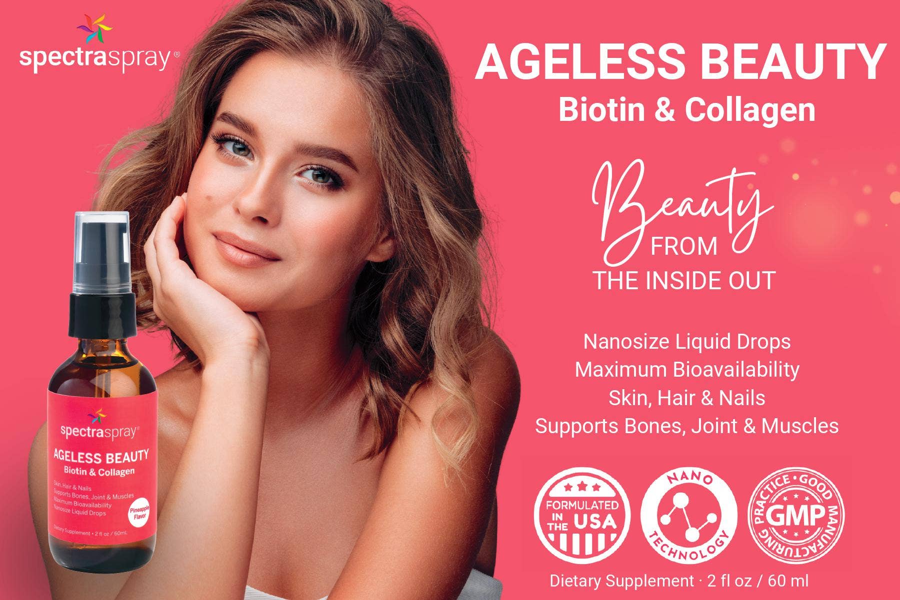 SpectraSpray Global - Wholesale Oral Supplement/Vitamin - Ageless Beauty - Biotin & Collagen Oral Drops (exp May)2