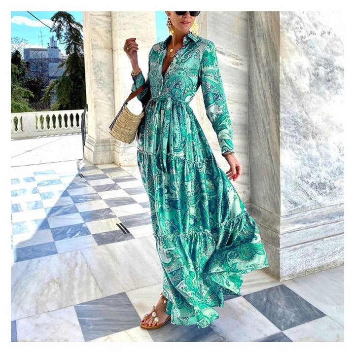 FurDecoration - Wholesale Dress - Women's - Elegant Lace-Up Maxi Dress with Printed Long Sleeves1