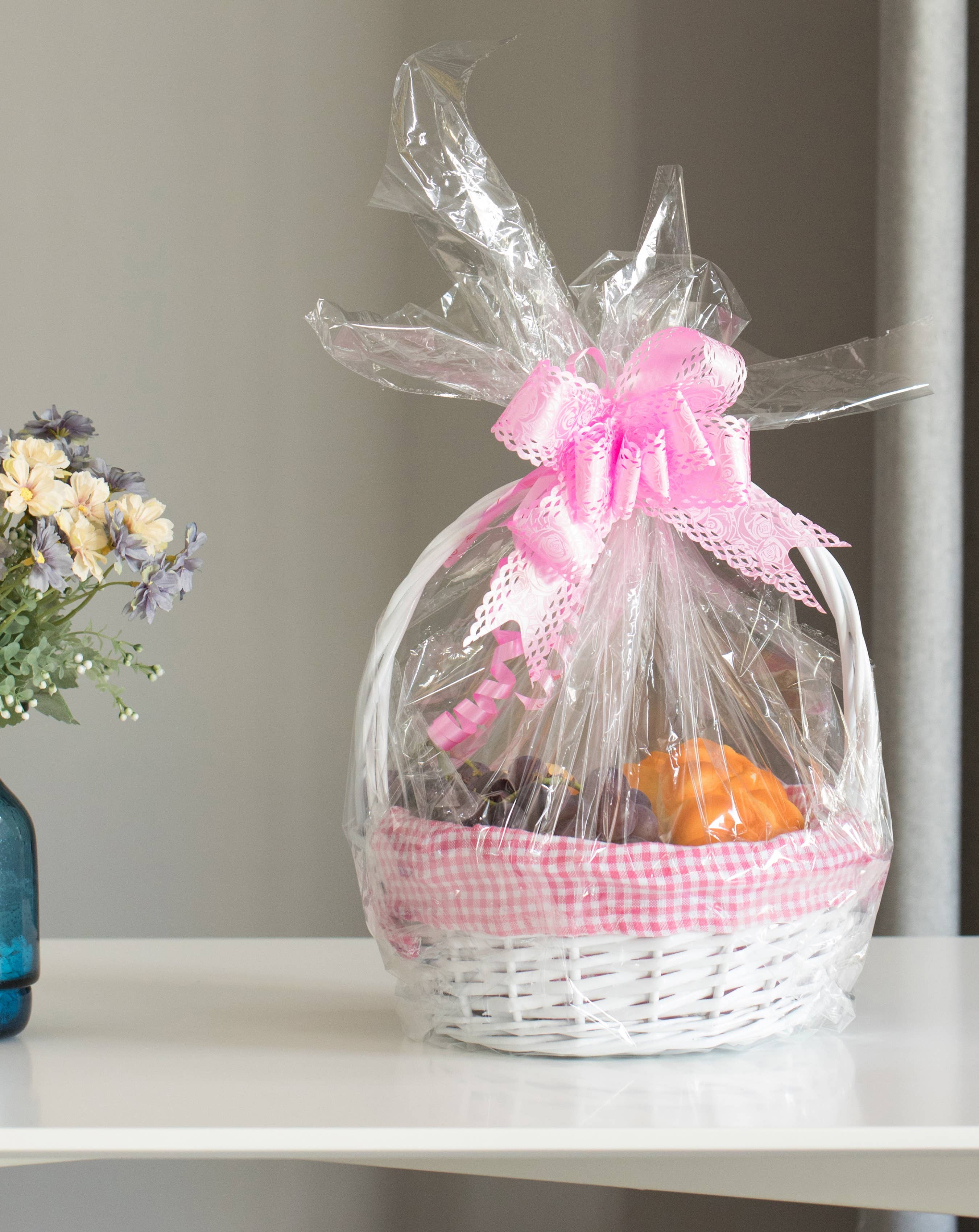 Quickway Imports - Wholesale Basket - White Round Willow Gift Basket, with Gingham Liner & Handle11