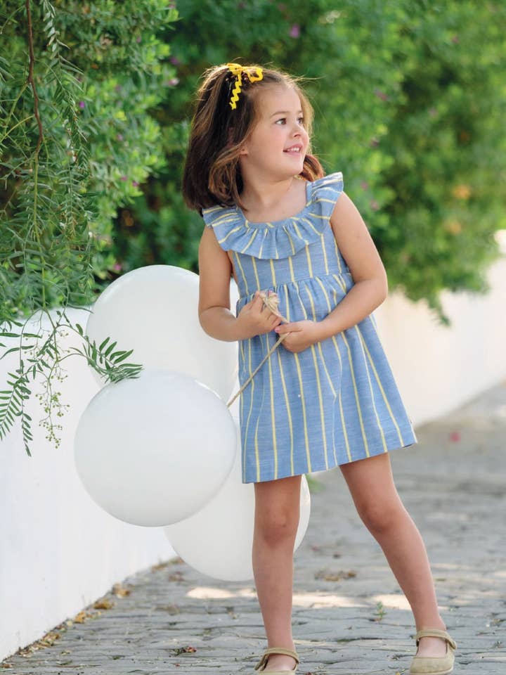 Vestito a righe gialle e blu bambina per la vendita all'ingrosso da parte di Charanga