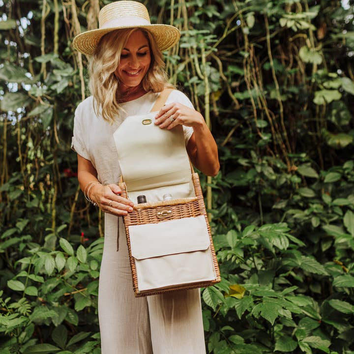 Beige Canvas Corsica Wine & Cheese Picnic Basket for wholesale on Faire18