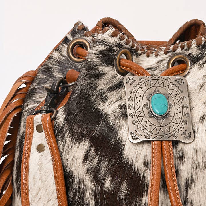 LS Western - Wholesale Crossbody bag – Women's - ADBG1272 Hair-On Hide Leather Fringe Bucket Bag with Turquoise Concho Accent5