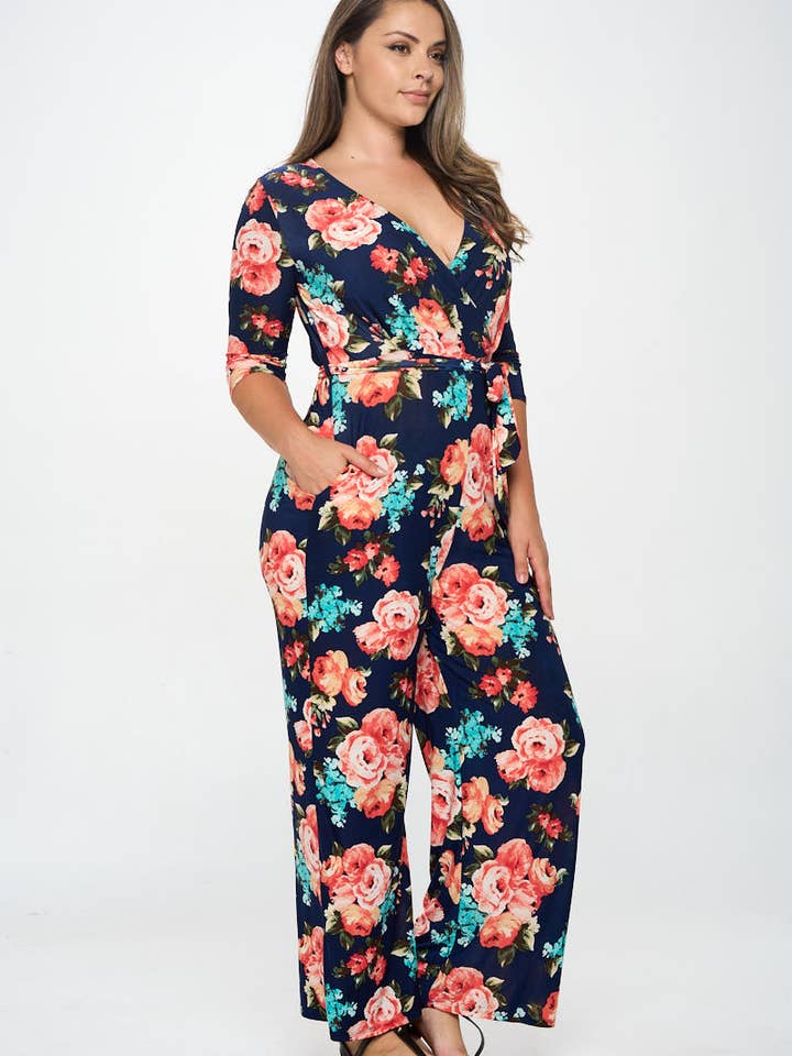 3Q SLEEVE FLORAL/PALM JUMPSUIT for wholesale by Anna & Sarah Plus