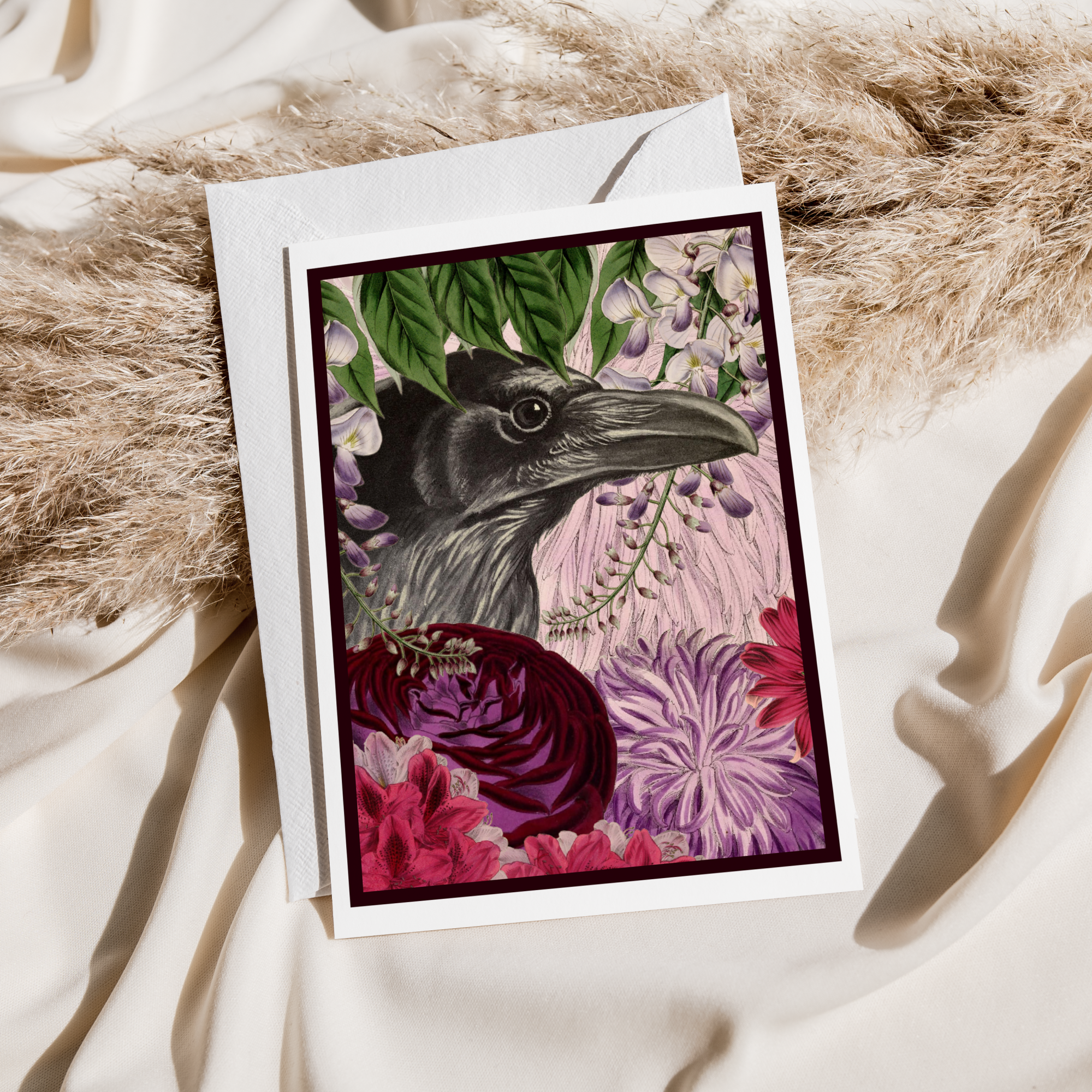 Cheerful Whimsies – Cartão de saudação diária por atacado – Cartão de saudação. Corvo Vintage Com Flores Roxas1