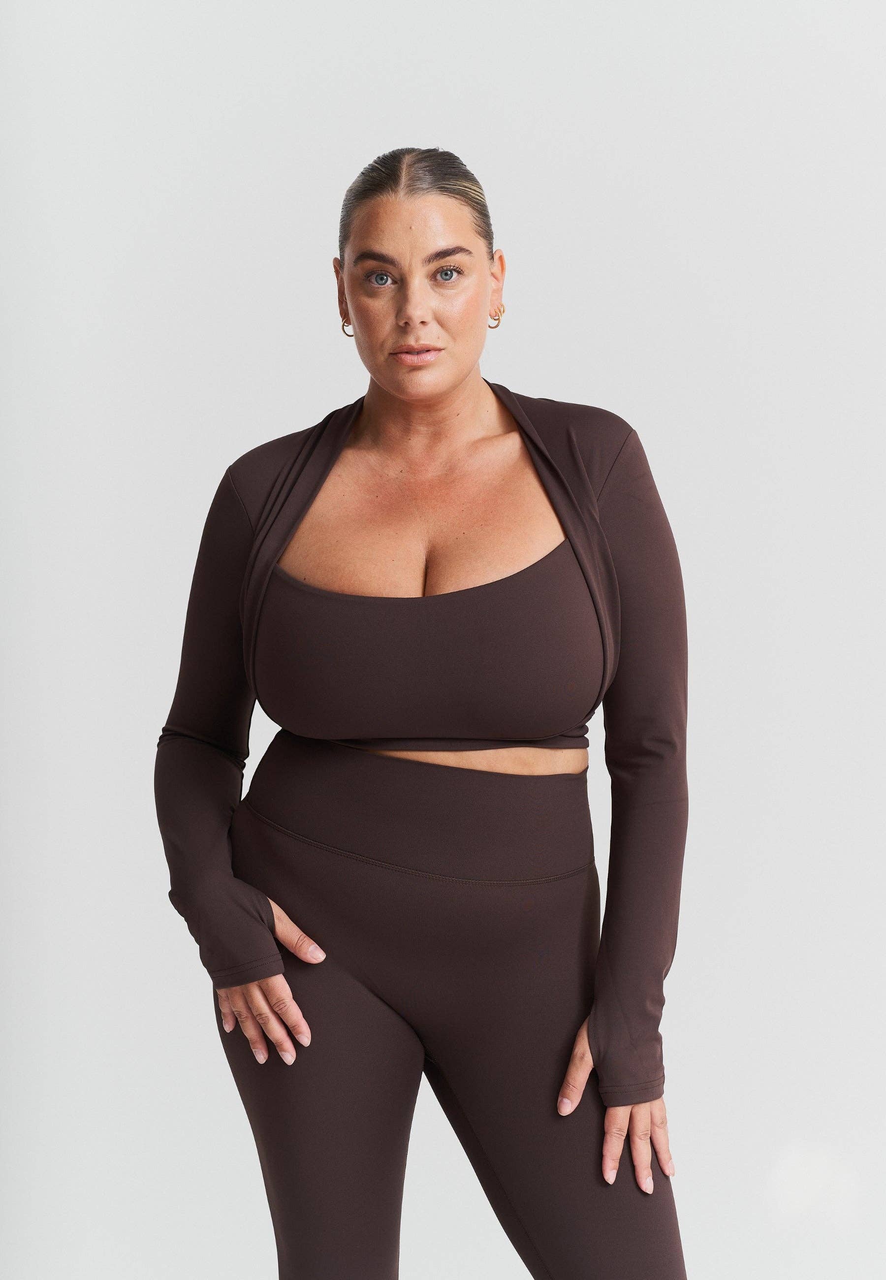 Sisterly Tribe - Wholesale Athletic Top - Women's - Softsculpt Bolero Long Sleeve Top - Espresso1