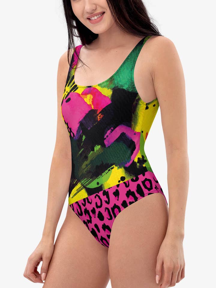 One-Piece Printed Swimsuit "Wild Canvas" Green/Pink/Yellow for wholesale by Loony Legs