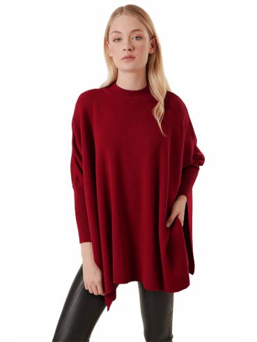 Burgundy Red Slit Poncho Sweater for wholesale by Mani Textile