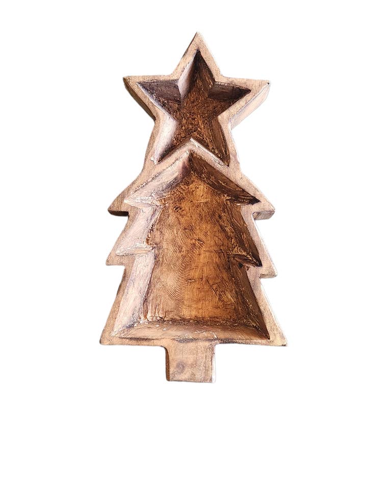 Large Christmas tree with star wood bowl for wholesale by Luises Perez Imports LLC