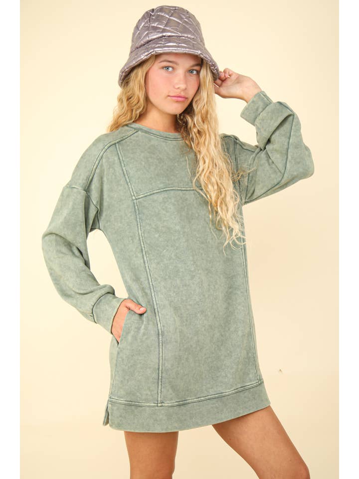 VERY J - Wholesale Dress - Women's - ND31375-Mineral Washed Oversized Knit Sweatshirt Mini Dress
