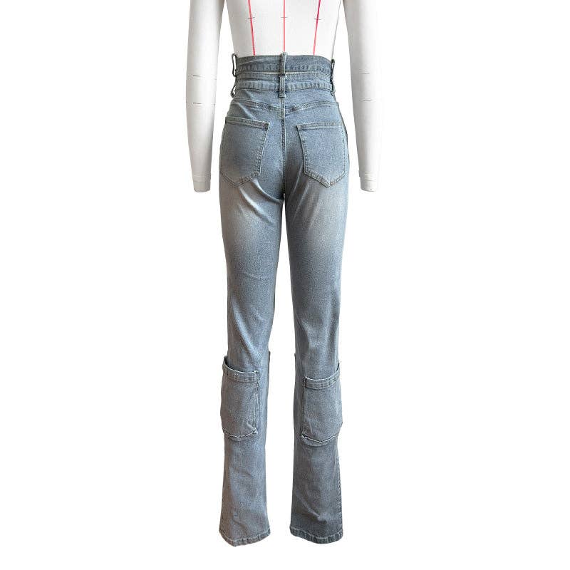 Bleu Jean évasé taille haute cargo MB FASHION avec détail ceinture 8016LY en vente sur Faire4