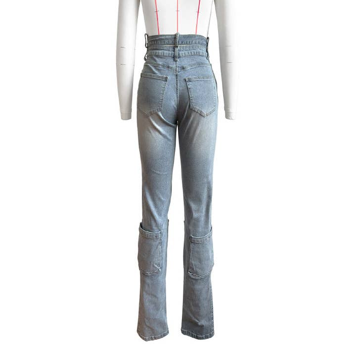 Blue MB FASHION High-Waist Cargo Flare Jeans with Belted Detail 8016LY for wholesale on Faire4