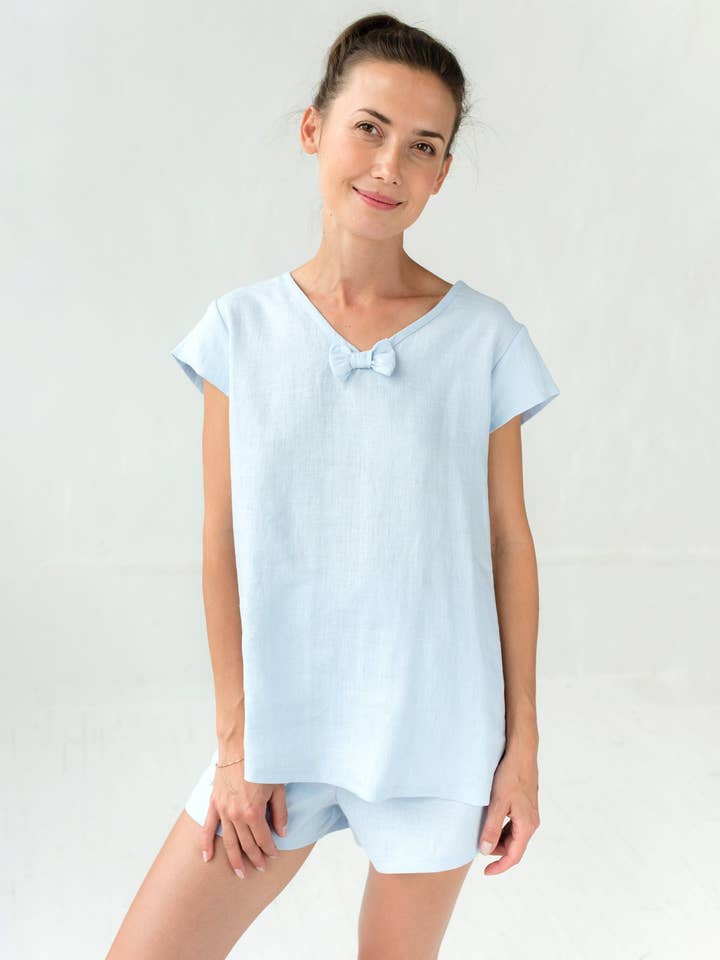 Linne tvådelad uppsättning, linnepyjamasuppsättning, linne nattkläder, linje för wholesale av LeMuse