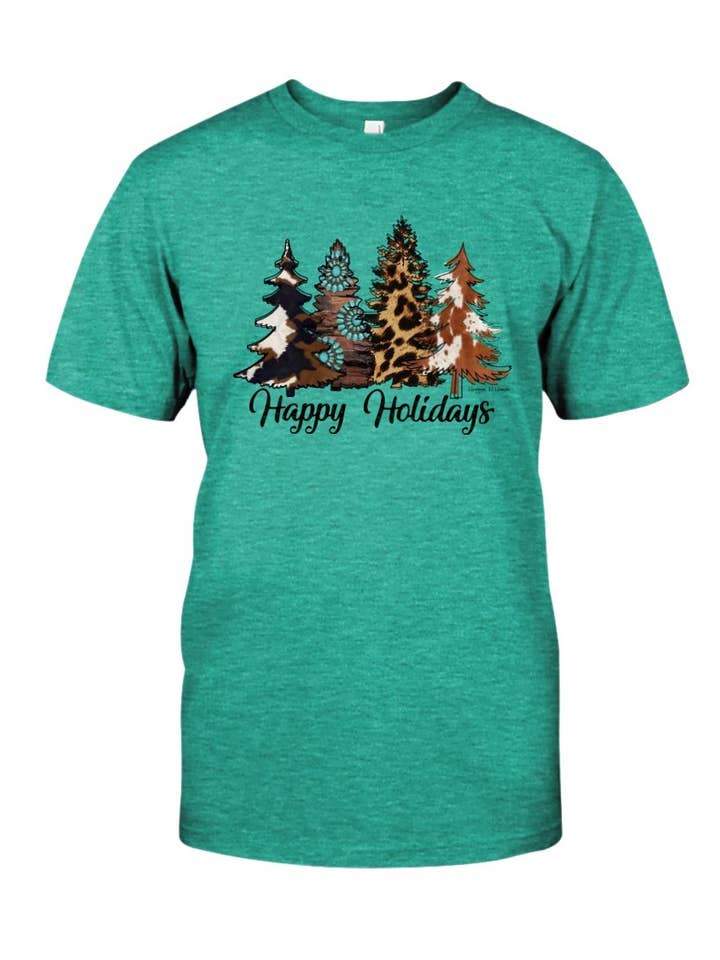 Happy Holidays Western Printed Trees Tee for wholesale by Runnin' R Ranch