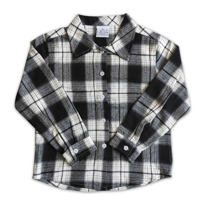Chemise boutonnée en flanelle fine en coton à carreaux noir et blanc pour la vente par Yawoo Garments