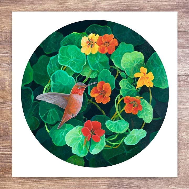 Rufus Hummingbird & Nasturtium Flowers Art Print for wholesale by Marigold Art Studios