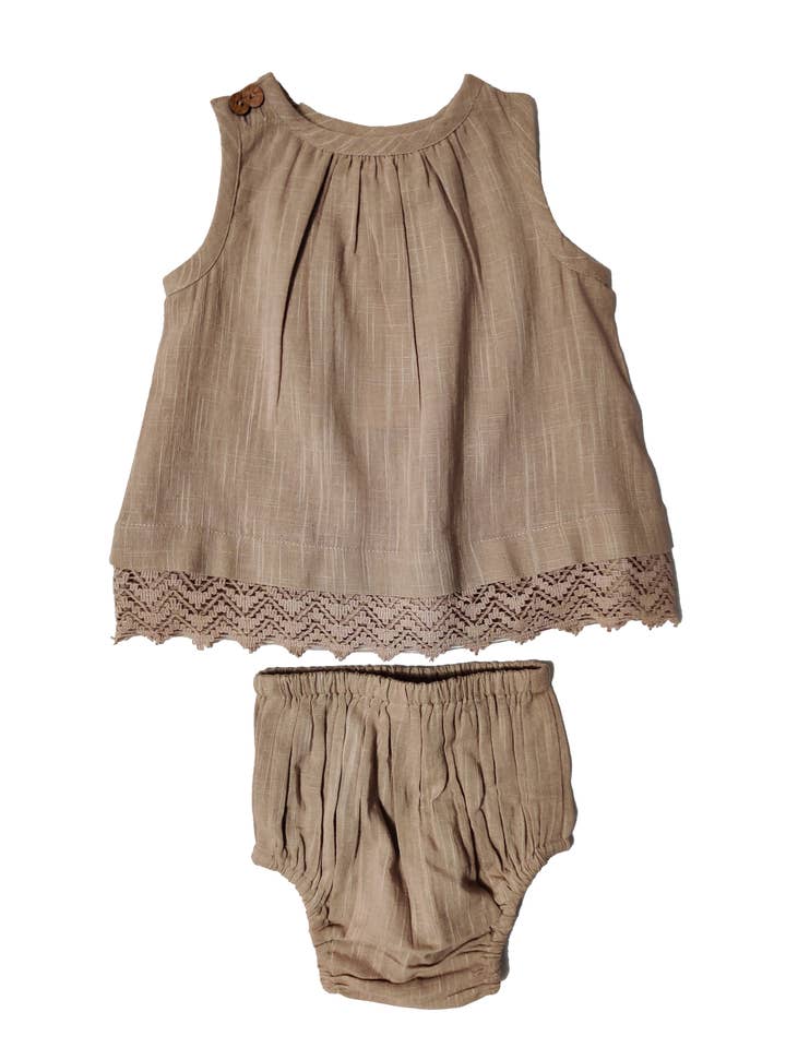 Yo Baby - Wholesale Clothing Set - Baby - Oatmeal Tone on Tone Lace Detail Infant Shift Dress and Bloomer Set : Infant : Baby