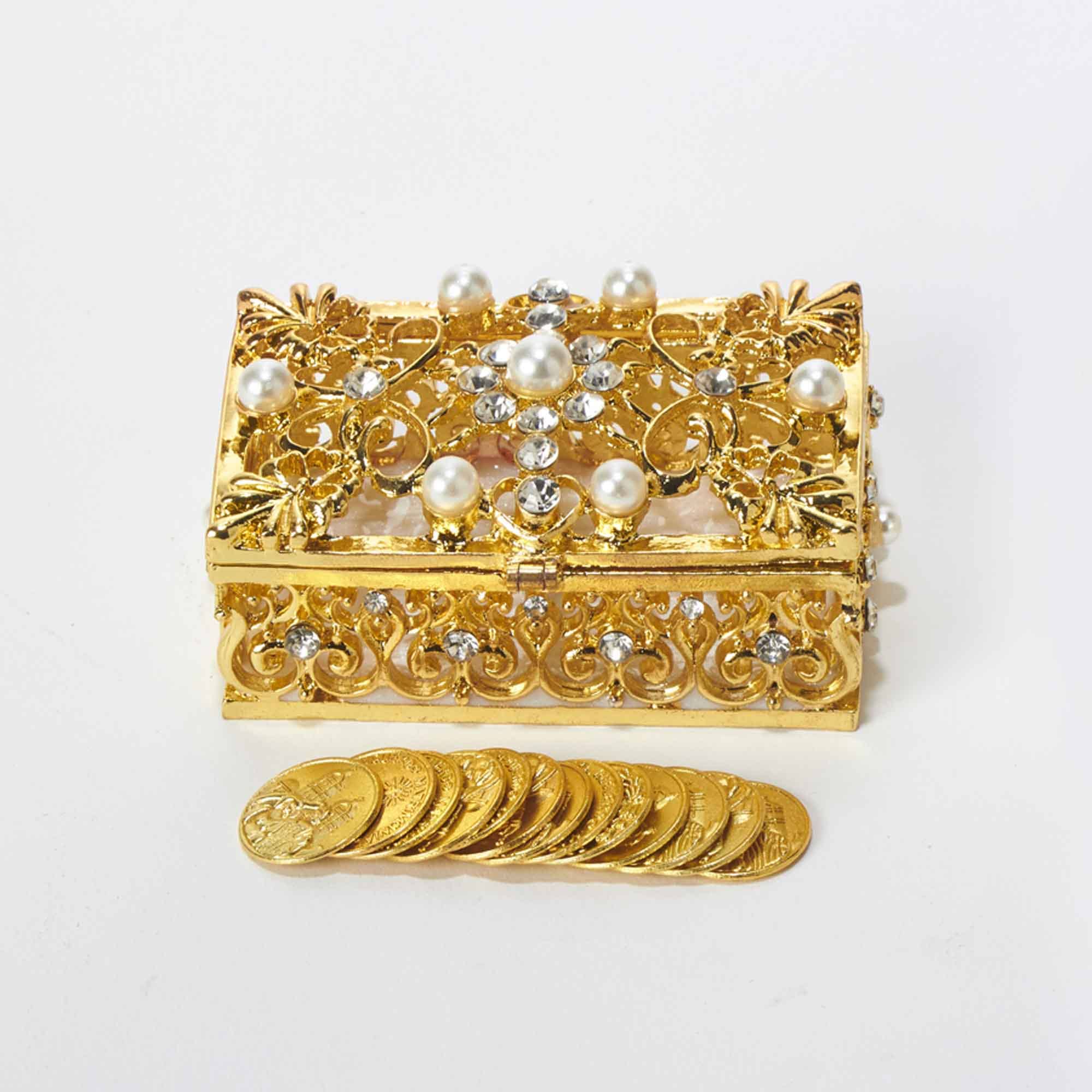 Gold Arras Set For Weddings- Rhinestone Rectangle Box With Pearl for wholesale on Faire0