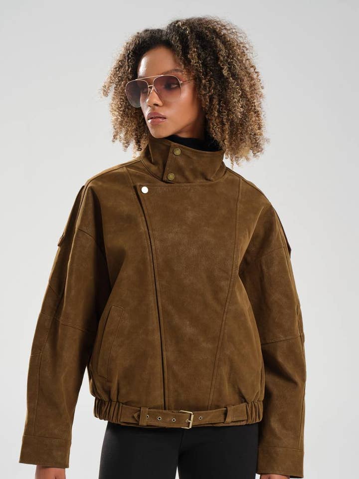 DesignofBoho - Wholesale Jacket - Women's - Oversized Brown Faux Suede Jacket with High Collar and Belt0