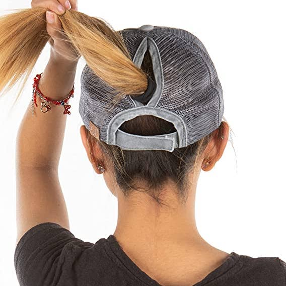 Funky Junque - Wholesale Ponytail Cap - Women's - Classic Back Distressed Ponycap (Washed Grey w/Grey Mesh)0