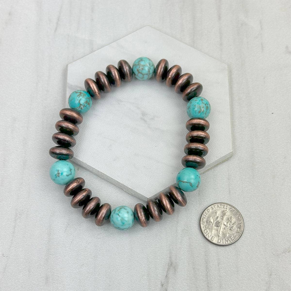 Western Elite Jewelry - Wholesale Beaded Bracelet - BRZ240708-58 Blue turquoise stone and copper Navajo pearl beads bracelet