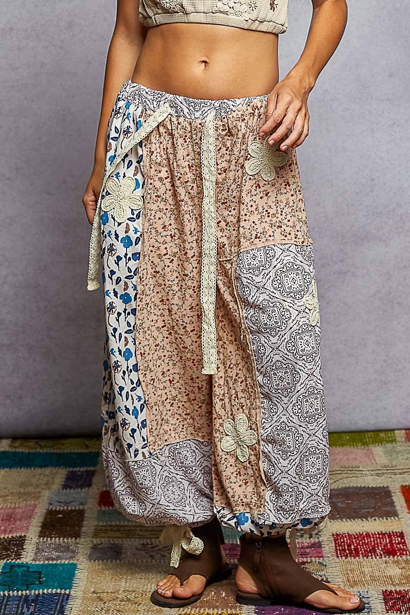 Pol Clothing - Wholesale Pants - Women's - Crochet patch detail contrast patchwork printed woven pants23