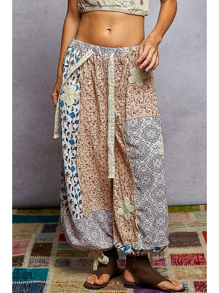 Pol Clothing - Wholesale Pants - Women's - Crochet patch detail contrast patchwork printed woven pants23