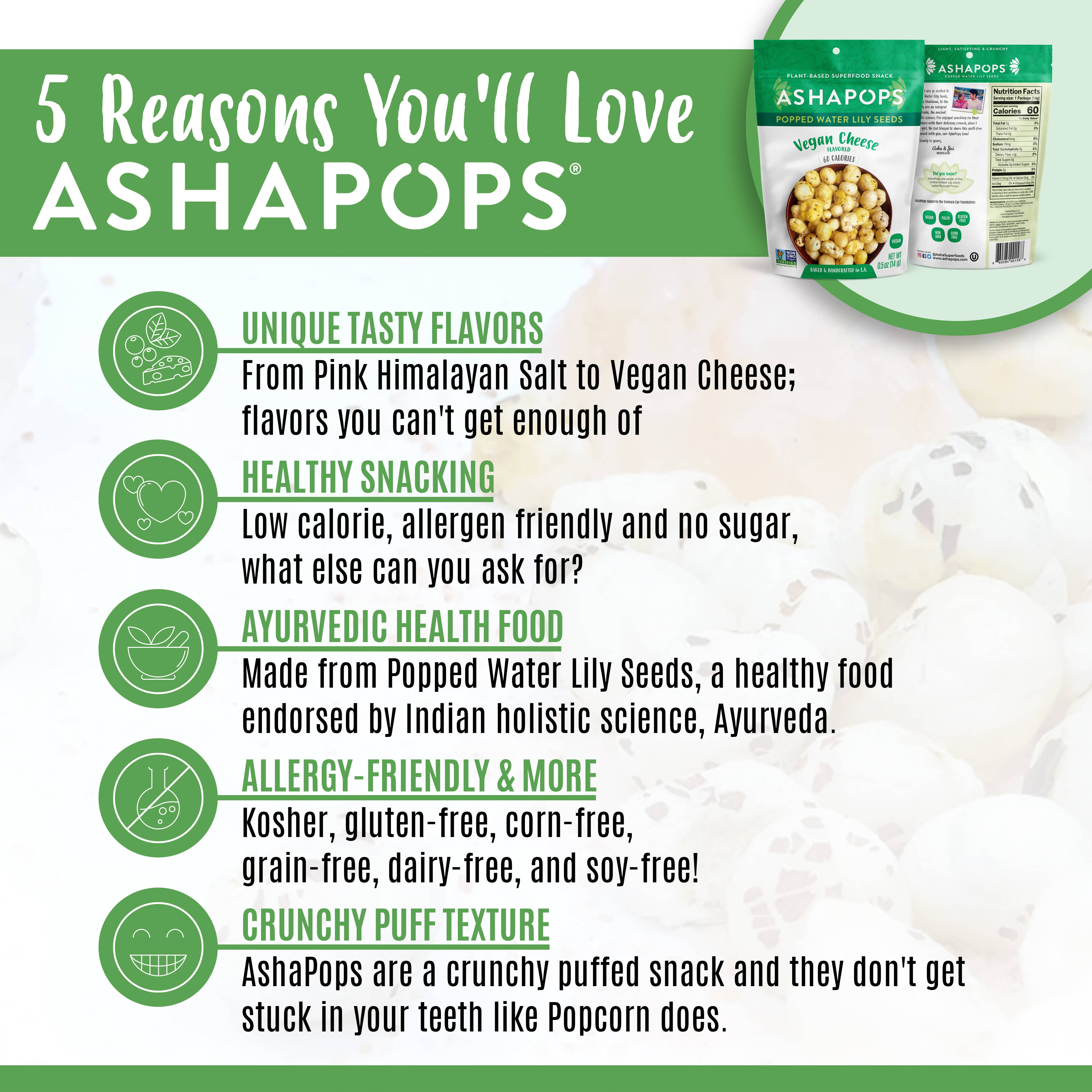 AshaPops - Wholesale Puffed Snack - 0.5oz Vegan Cheese - AshaPops Popped Water Lily Seeds2